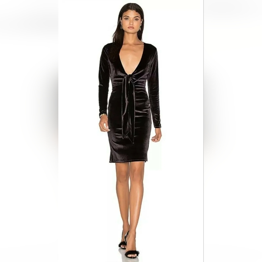 LPA Bodycon Dress S V-Neck Long Sleeve RARE Dark Purple Velvet Tie-Front Fall